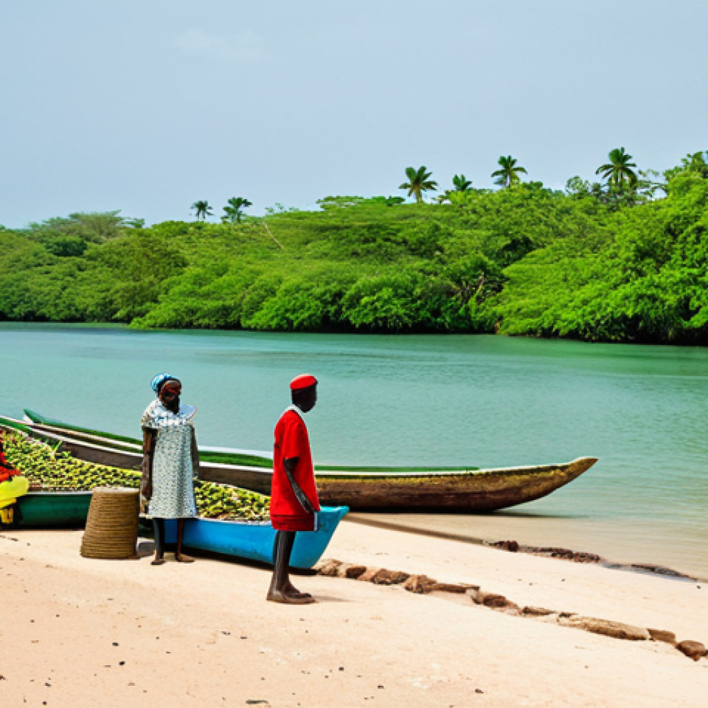 Sustainable Tourism in Guinea**
"A vibrant scene of ecotourism in Guinea. Fully clothed tourists are respectfully observing local artisans crafting goods from sustainably sourced materials near a pristine beach with clear turquoise waters. Lush mangroves frame the background. Appropriate attire, safe for work, perfect anatomy, natural proportions, professional tourism advertisement, high quality, modest, family-friendly, natural lighting, showcasing the beauty of Guinean culture and nature."
**