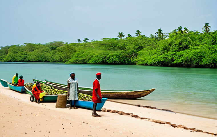 Sustainable Tourism in Guinea**

"A vibrant scene of ecotourism in Guinea. Fully clothed tourists are respectfully observing local artisans crafting goods from sustainably sourced materials near a pristine beach with clear turquoise waters. Lush mangroves frame the background. Appropriate attire, safe for work, perfect anatomy, natural proportions, professional tourism advertisement, high quality, modest, family-friendly, natural lighting, showcasing the beauty of Guinean culture and nature."

**