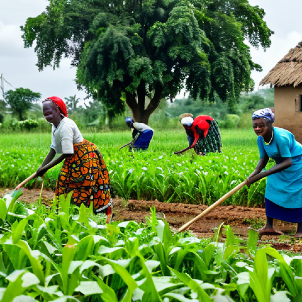 Empowering Women in Agriculture**
A group of Guinean women in a rural village, working in a vibrant, green field. They are fully clothed in modest, colorful traditional attire, tending to crops. Some are using hand tools, others are smiling and interacting. In the background, a village scene with simple homes and lush vegetation. Focus on sustainable agriculture practices. Safe for work, appropriate content, fully clothed, professional, showcasing community development, perfect anatomy, natural proportions, high quality.
**
