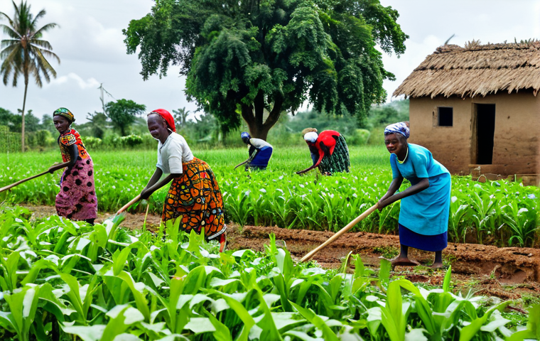 Empowering Women in Agriculture**

A group of Guinean women in a rural village, working in a vibrant, green field. They are fully clothed in modest, colorful traditional attire, tending to crops. Some are using hand tools, others are smiling and interacting. In the background, a village scene with simple homes and lush vegetation. Focus on sustainable agriculture practices. Safe for work, appropriate content, fully clothed, professional, showcasing community development, perfect anatomy, natural proportions, high quality.

**