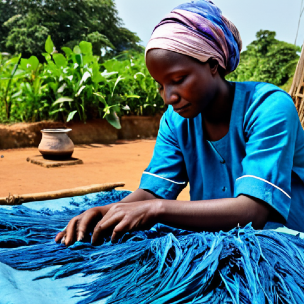 **
A Guinean artisan woman, fully clothed in modest traditional attire, demonstrating natural dyeing techniques with indigo leaves. She is working outdoors in a village setting, surrounded by colorful dyed fabrics drying in the sun. The scene showcases the rich, vibrant colors achieved through natural dyes, with a focus on the process and the woman's skilled hands. Safe for work, appropriate content, professional, perfect anatomy, correct proportions, well-formed hands, proper finger count, natural body proportions.
**