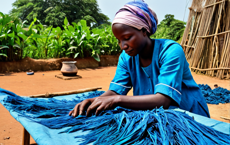 **
A Guinean artisan woman, fully clothed in modest traditional attire, demonstrating natural dyeing techniques with indigo leaves. She is working outdoors in a village setting, surrounded by colorful dyed fabrics drying in the sun. The scene showcases the rich, vibrant colors achieved through natural dyes, with a focus on the process and the woman's skilled hands. Safe for work, appropriate content, professional, perfect anatomy, correct proportions, well-formed hands, proper finger count, natural body proportions.
**