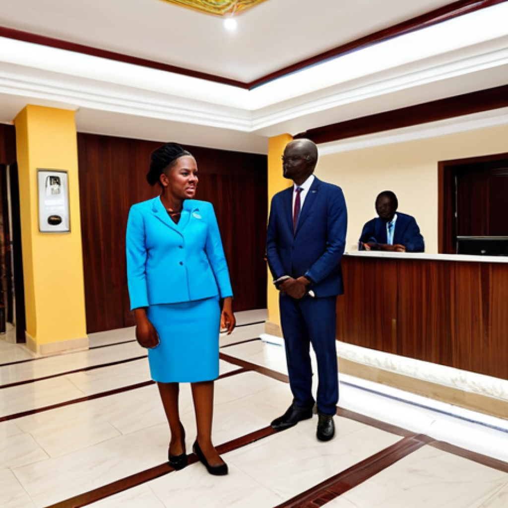 Azalai Hotel 24 de Setembro - Bissau**
"A professional businesswoman, fully clothed in a modest business suit, checks in at the reception of the Azalai Hotel 24 de Setembro in Bissau. The lobby is modern and clean. Appropriate attire, safe for work, perfect anatomy, natural proportions, professional photography, high quality, family-friendly."
**