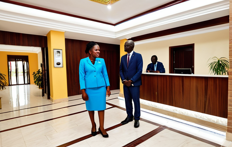 Azalai Hotel 24 de Setembro - Bissau**
"A professional businesswoman, fully clothed in a modest business suit, checks in at the reception of the Azalai Hotel 24 de Setembro in Bissau. The lobby is modern and clean. Appropriate attire, safe for work, perfect anatomy, natural proportions, professional photography, high quality, family-friendly."
**