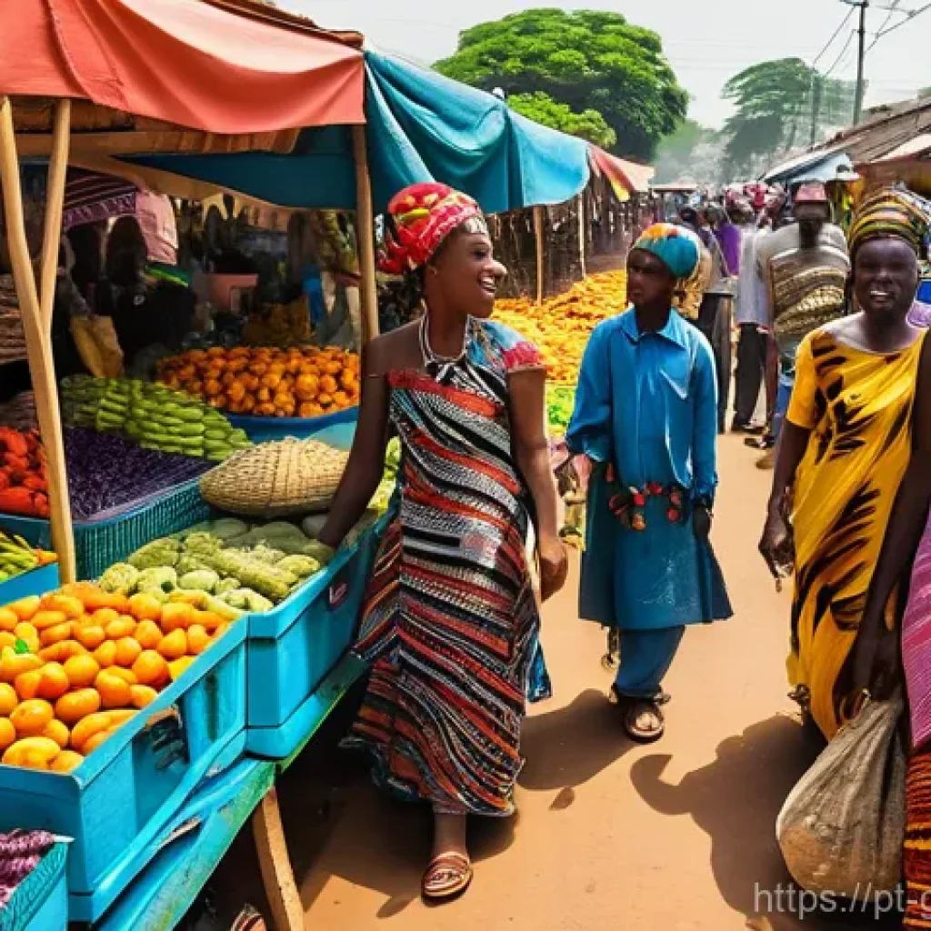 기니에서 생필품 구매하는 법 - **Vibrant Guinean Market Bustle:** An immersive, wide-angle shot of a bustling open-air market in Gu...