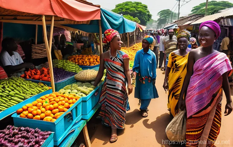 기니에서 생필품 구매하는 법 - **Vibrant Guinean Market Bustle:** An immersive, wide-angle shot of a bustling open-air market in Gu...
