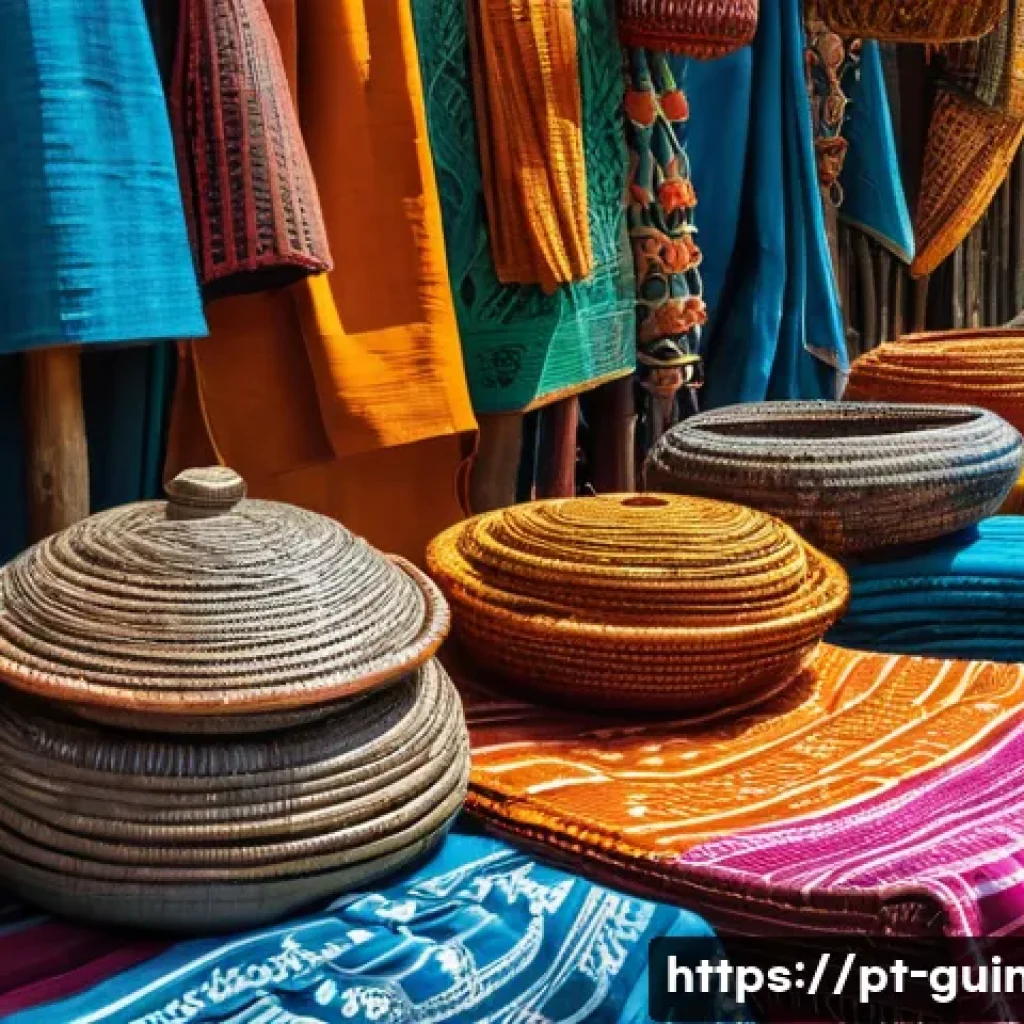 기니에서 수공예품을 구매할 수 있는 시장 - A vibrant and bustling open-air market in Guinea, filled with diverse stalls showcasing intricate lo...