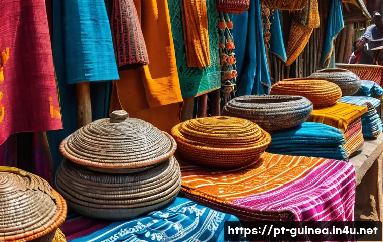 기니에서 수공예품을 구매할 수 있는 시장 - A vibrant and bustling open-air market in Guinea, filled with diverse stalls showcasing intricate lo...