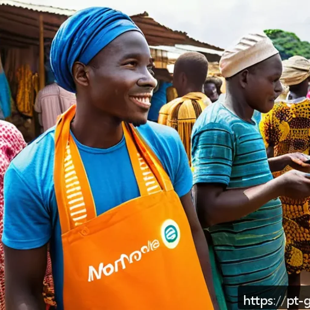 기니에서 모바일 결제 서비스 이용법 - A bustling Guinean local market scene featuring a diverse group of men and women dressed in colorful...