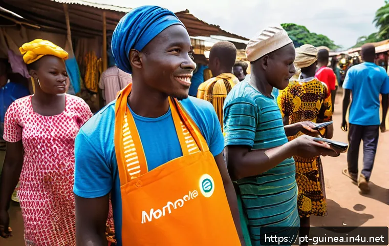 기니에서 모바일 결제 서비스 이용법 - A bustling Guinean local market scene featuring a diverse group of men and women dressed in colorful...