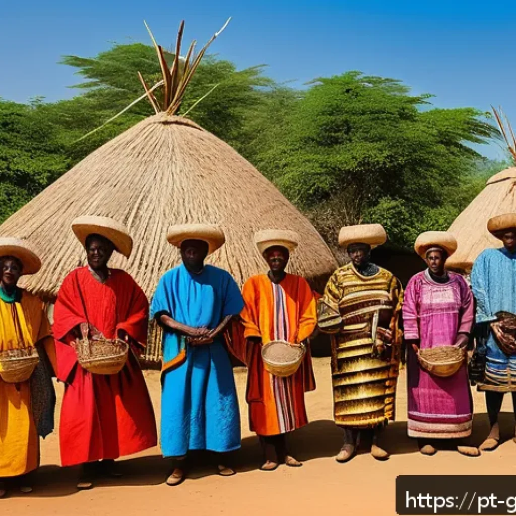 기니 부족 간 정치적 갈등 - A vibrant traditional Guinean village scene showcasing diverse ethnic groups such as Fulani, Malinké...