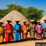 Home 22 기니 부족 간 정치적 갈등 - A vibrant traditional Guinean village scene showcasing diverse ethnic groups such as Fulani, Malinké...