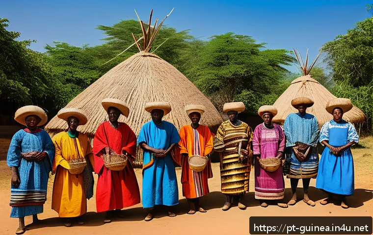 기니 부족 간 정치적 갈등 - A vibrant traditional Guinean village scene showcasing diverse ethnic groups such as Fulani, Malink&eacute;...
