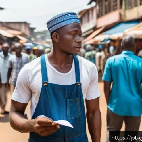 Home 33 기니에서 도난당했을 때 대처 방법 - A calm and composed traveler standing on a busy street in Conakry, Guinea, taking a deep breath whil...