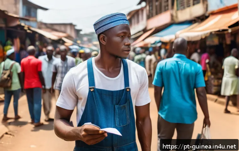 기니에서 도난당했을 때 대처 방법 - A calm and composed traveler standing on a busy street in Conakry, Guinea, taking a deep breath whil...