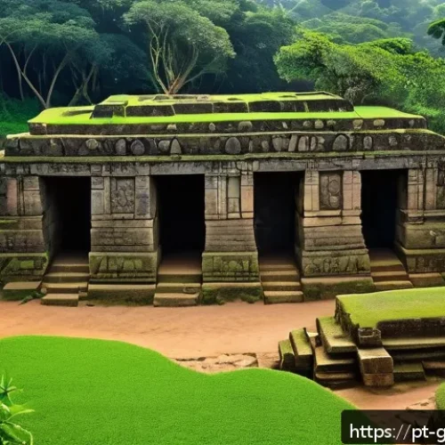 Home 32 기니에서 유명한 유적지 및 사적지 - A detailed scene of an ancient Guinean archaeological site at sunrise, showcasing weathered stone ru...