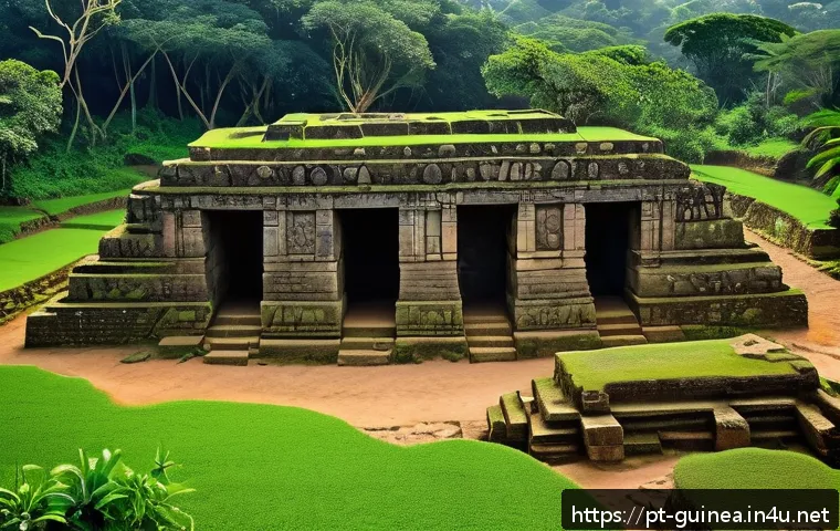 기니에서 유명한 유적지 및 사적지 - A detailed scene of an ancient Guinean archaeological site at sunrise, showcasing weathered stone ru...