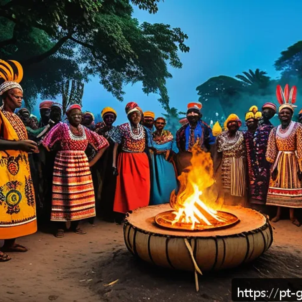 기니에서 미신과 전통적 믿음 체계 - A vibrant traditional Guinean festival scene at dusk, featuring a large group of people wearing colo...
