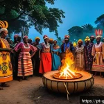 Home 19 기니에서 미신과 전통적 믿음 체계 - A vibrant traditional Guinean festival scene at dusk, featuring a large group of people wearing colo...