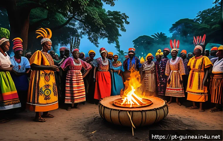 기니에서 미신과 전통적 믿음 체계 - A vibrant traditional Guinean festival scene at dusk, featuring a large group of people wearing colo...