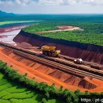 Home 18 기니에서 생산되는 주요 수출품 - A vibrant Guinean mining landscape showing large-scale bauxite and iron ore extraction operations, w...