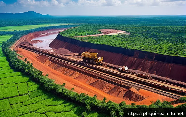 기니에서 생산되는 주요 수출품 - A vibrant Guinean mining landscape showing large-scale bauxite and iron ore extraction operations, w...