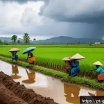 Home 23 기니의 지역별 기후 차이 - A vibrant rural scene in Guinea during the rainy season, showing a family of farmers planting rice, ...