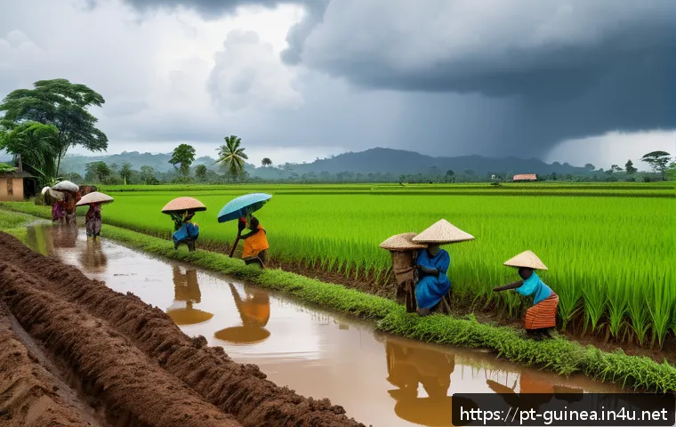 기니의 지역별 기후 차이 - A vibrant rural scene in Guinea during the rainy season, showing a family of farmers planting rice, ...