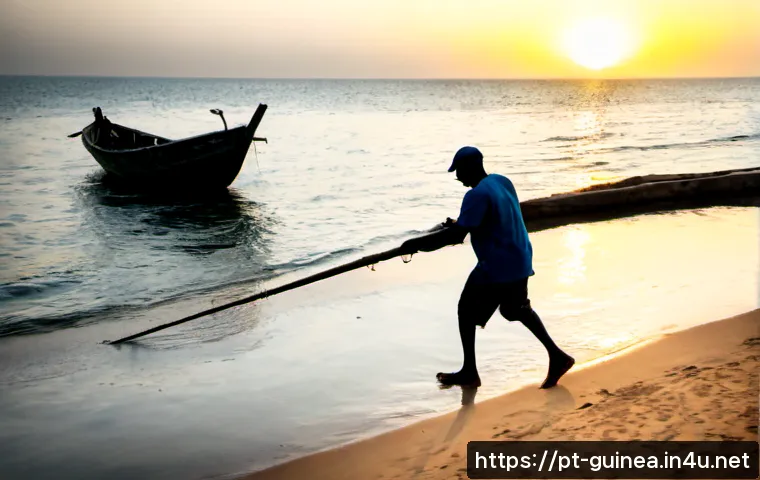 Home 17 기니에서 낚시를 즐길 수 있는 지역 - Photorealistic coastal fishing scene near Conakry, Guinea, West African fisherman in practical casua...
