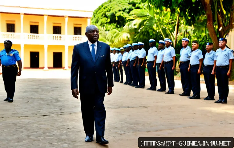 알파 콩데 정치 행보 - Photorealistic editorial scene of an elderly West African statesman in a tailored dark suit walking ...