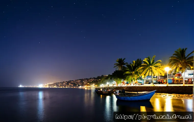 Home 17 기니의 수도 코나크리의 야경 명소 - Photorealistic panoramic night view of Conakry, Guinea from the Corniche waterfront, the Atlantic Oc...